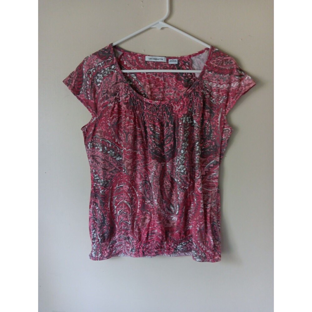 Liz Claiborne Womens Sz L Pink Floral Print 100% Cotton Ribbed Short Sleeve Top